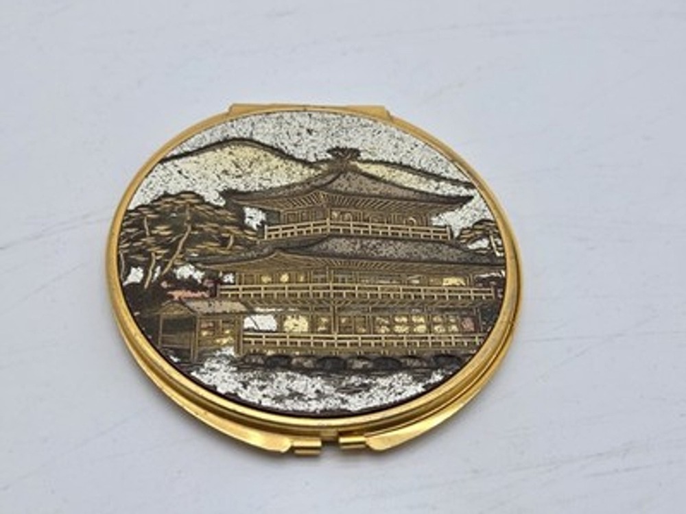 Vintage Japanese Pagoda Compact Mirror Gold Tone Double Mirror Kyoto Temple...